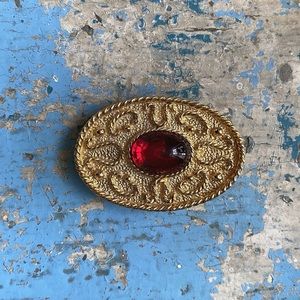 Vintage Dotty Smith goldtone red glass cabochon belt buckle scarf accessory